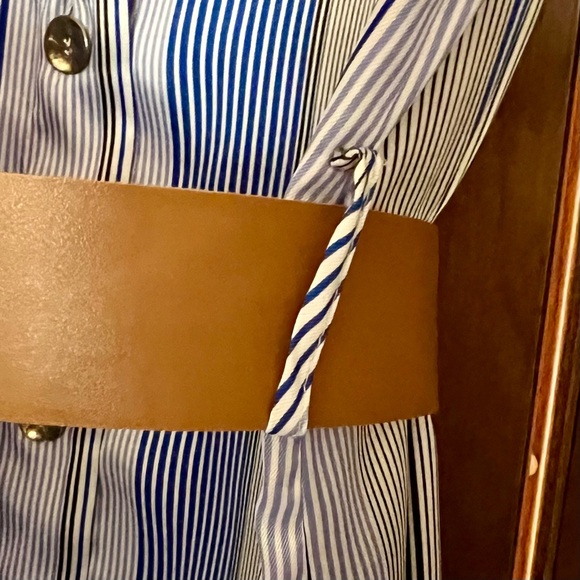 Zara Blue Stripe Satin Effect Midi Shirt Dress w Button Side Slits - Picture 6 of 13